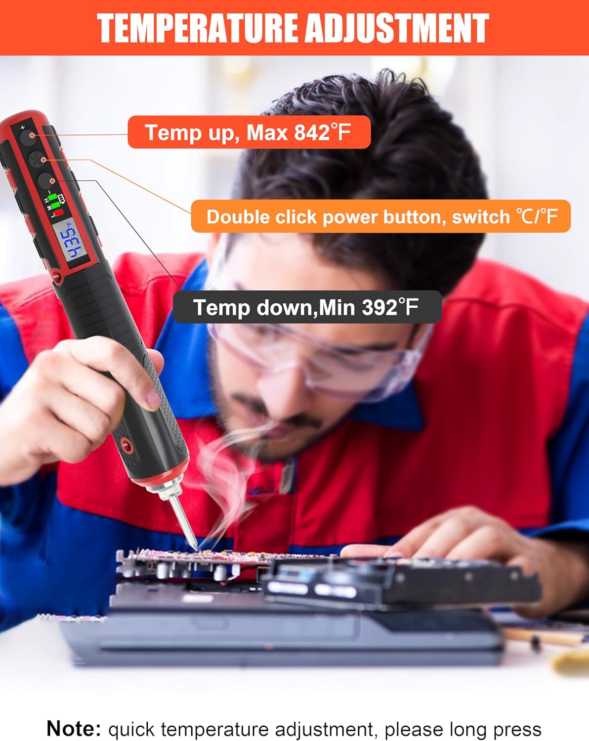 FrogBro Cordless Soldering Iron with Adjustable Cordless Temperature 392°F-842°F Type-C Fast Charging, LED Display, Portable Rechargeable Soldering Kit，Auto Sleep/Shut-Off & Safety Lock