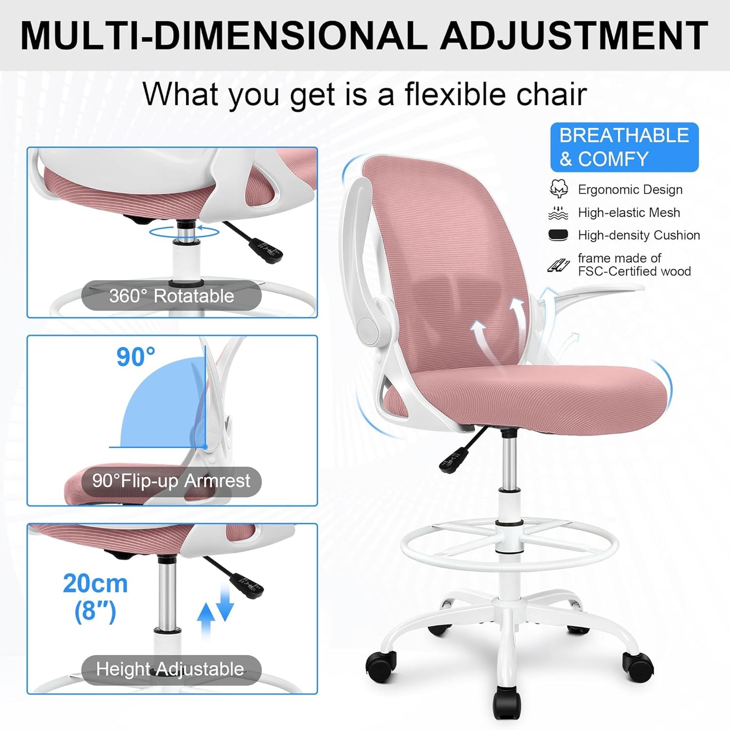 Primy Drafting Chair Tall Office Chair with Flip-up Armrests Executive Ergonomic Computer Standing Desk Chair with Lumbar Support and Adjustable Footrest Ring (Rose Quartz)