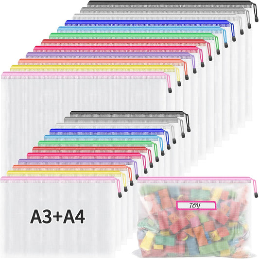 Umriox Mesh Zipper Pouch Bags, A3+A4 (12 Colors, 24 Packs), Large Storage Bags, Zipper Bags for Office Supplies Travel Accessories and Board Games Storage