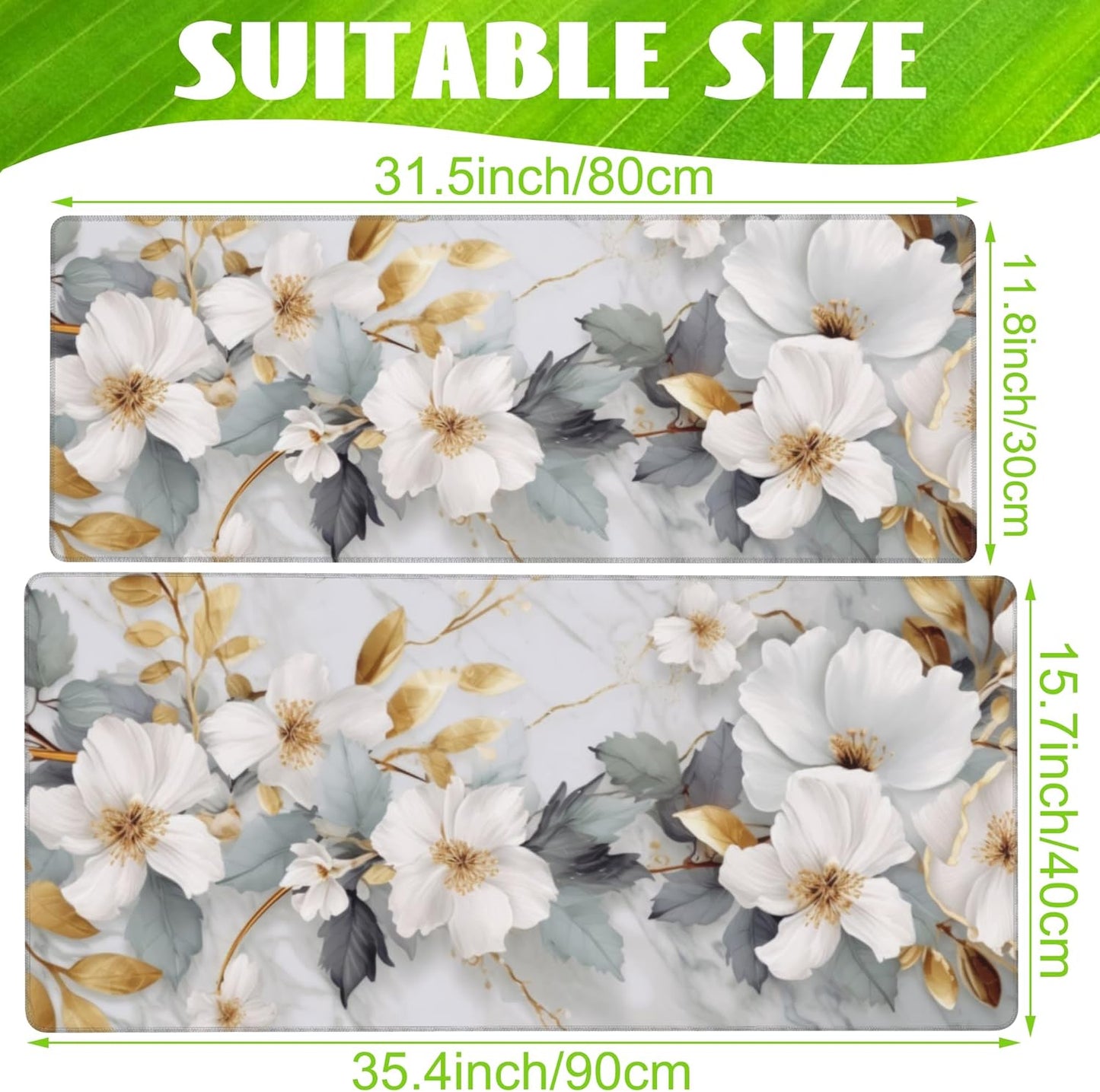 Desk Mat,White Gold Marble Desk Pad,White Flowers Golden Leaves Large Gaming Mouse Pad for Desk,Extended Big Computer Keyboard Mouse Pad with Non-Slip Base and Stitched Edge,35.4"x15.7"