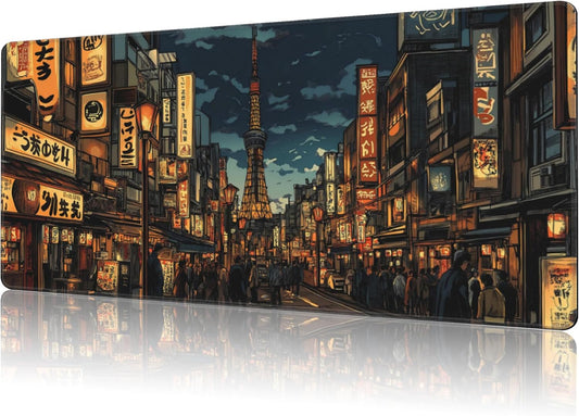 Mouse Pad Large Bustling Street Non-Slip Game Desk Mat with Stitched Edge Laptop Keyboard Desk Pad for Work Home Gaming (35.4 x 15.7 Inches)