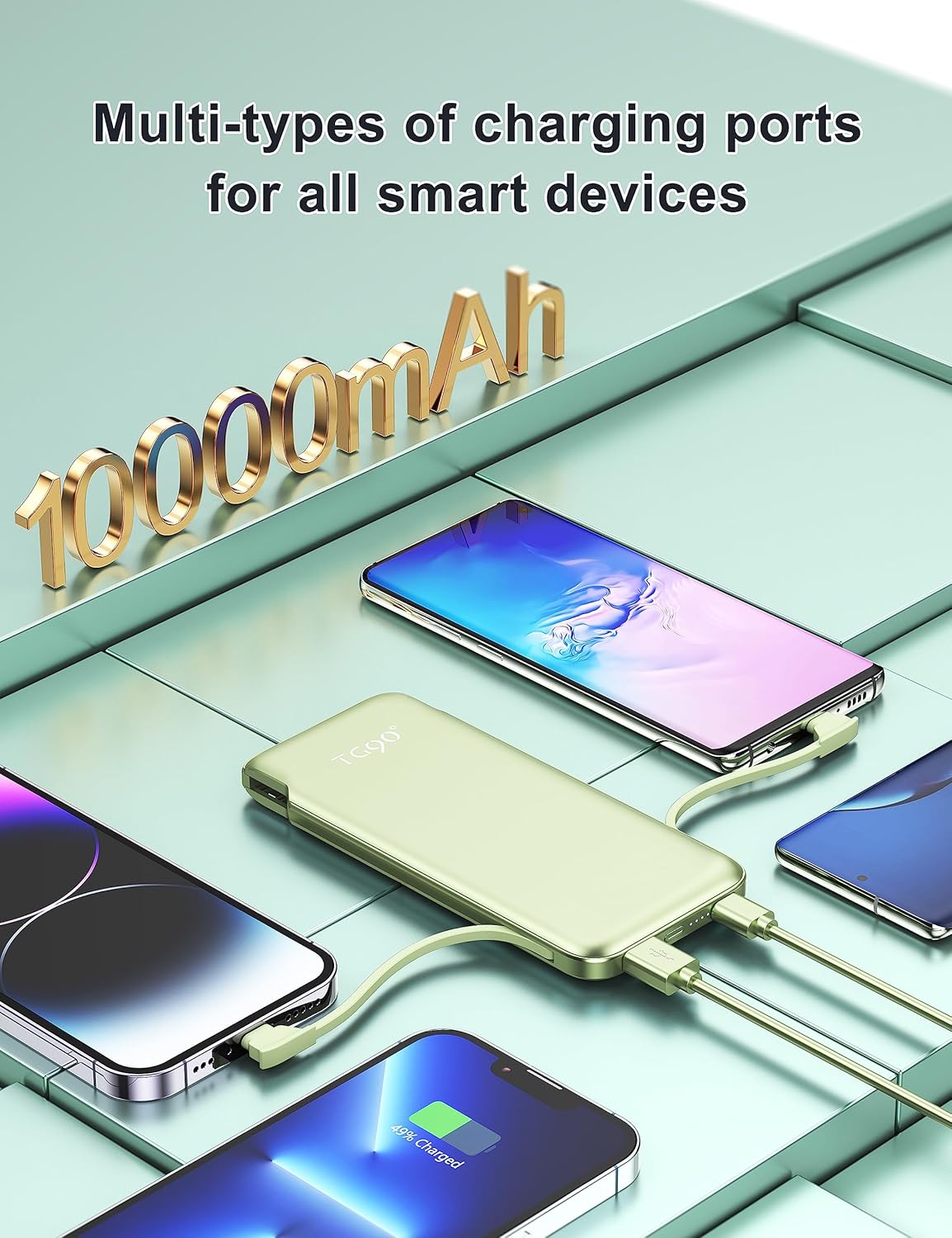 TG90° 10000mah Portable Charger with Built in Cables and AC Wall Plug, Compact Power Bank Portable Phone Charger Battery Pack Compatible with iPhone Android Smart Devices