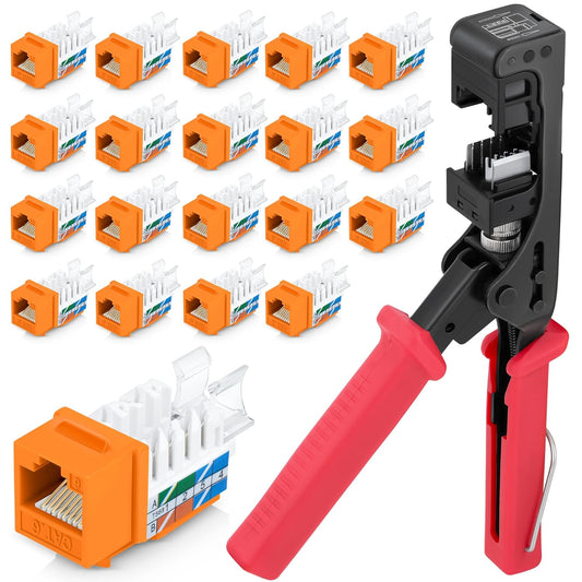 Everest easyJACK - 45° Angled Speed Termination Keystone Tool Set - with 20-Pack of RJ45 Cat6 Keystone Jacks in Orange (Slim Profile Design) - Time Saver Network Punch Down Tool Cat6