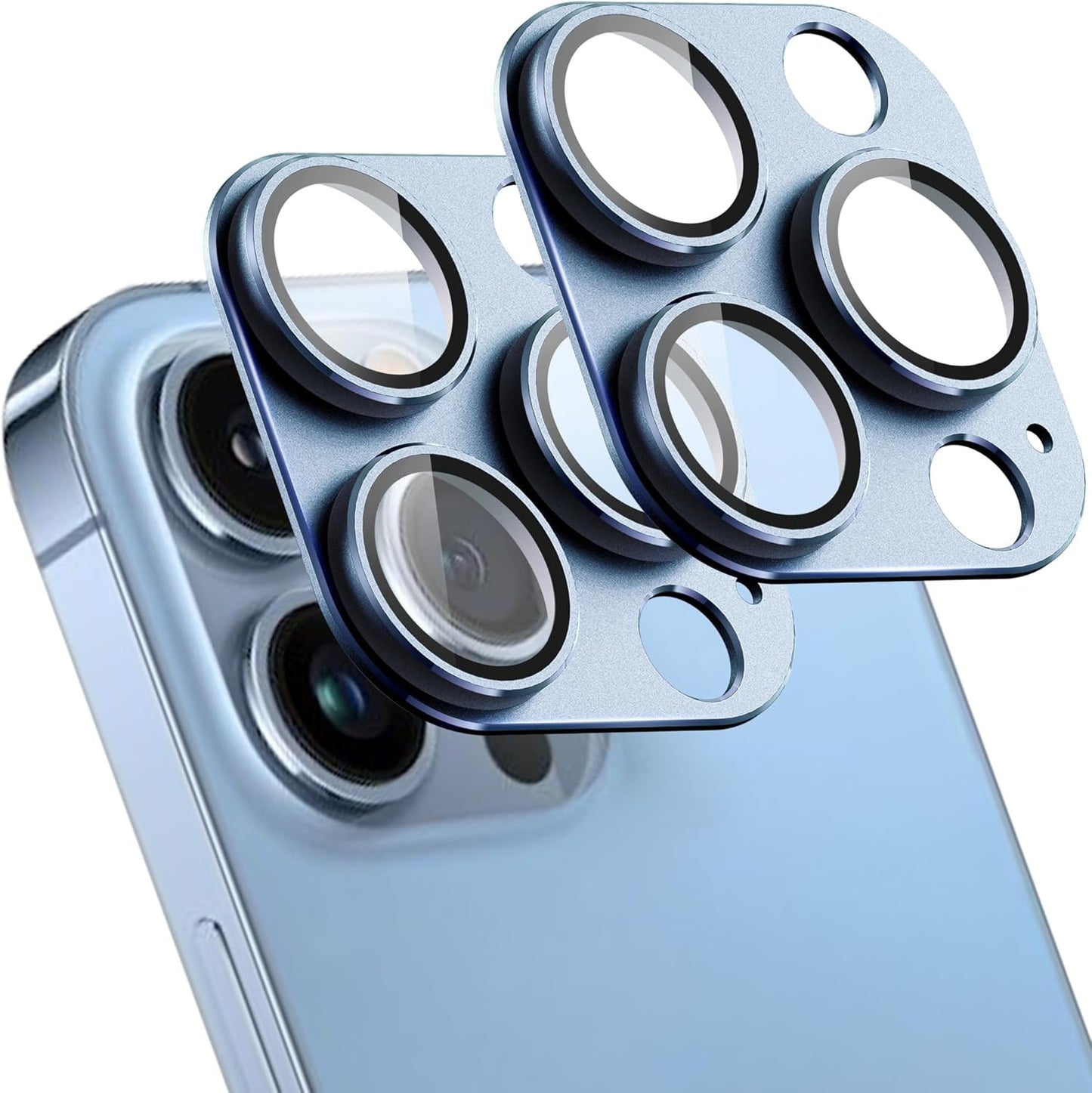 2 Pack Camera Lens Protector for iPhone 13 Pro/iPhone 13 Pro Max,[Not Easy to Breakn ] AR Tempered Glass Strong Adsorption Metal Camera Cover Screen-Far Peak Blue