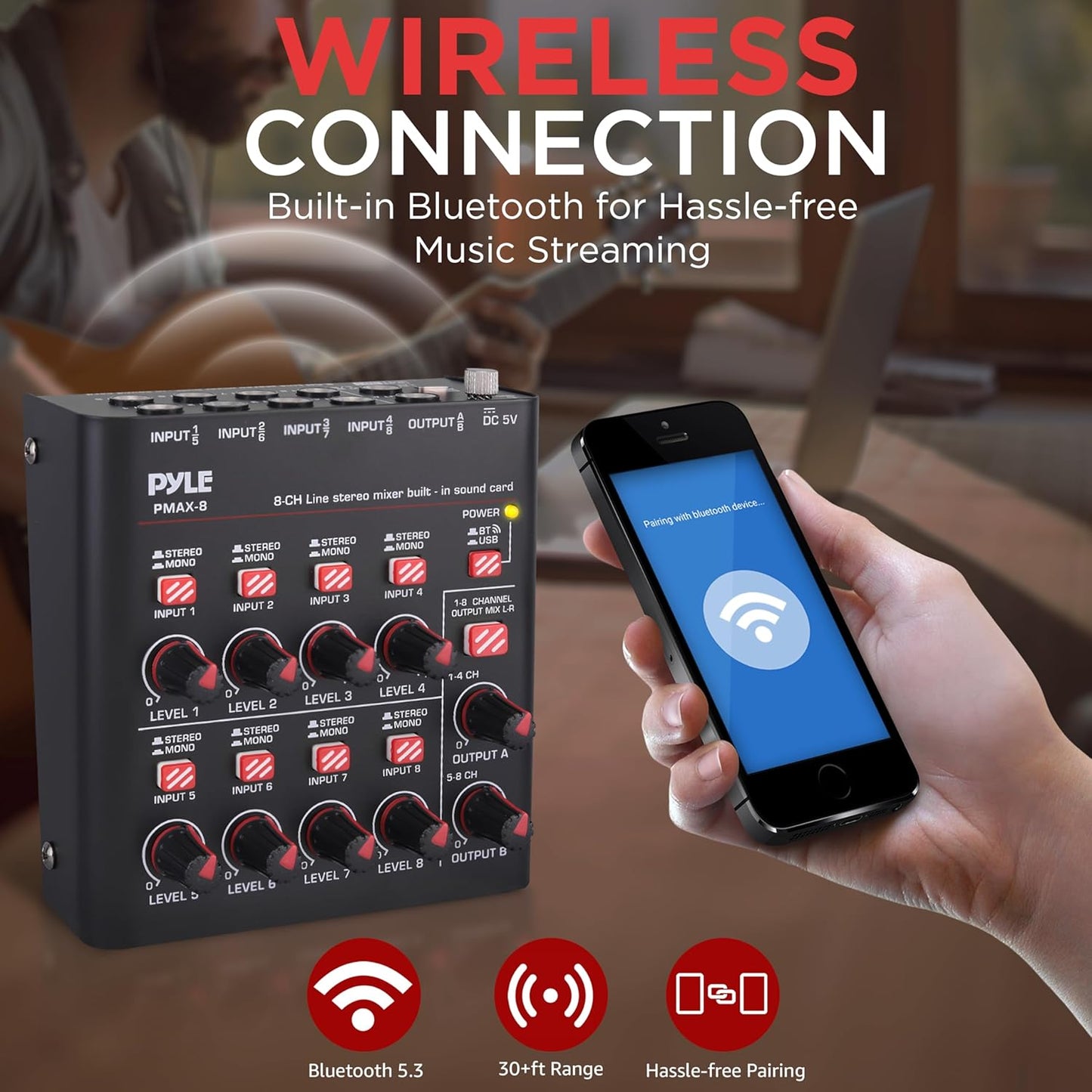 Pyle 8-Channel Wireless BT Streaming Mini Line Mixer with USB Audio Interface - 8 Mono/Stereo Switching Inputs | Ultra-low Noise Design with High Headroom | Built-in USB Sound Card - PMAX8