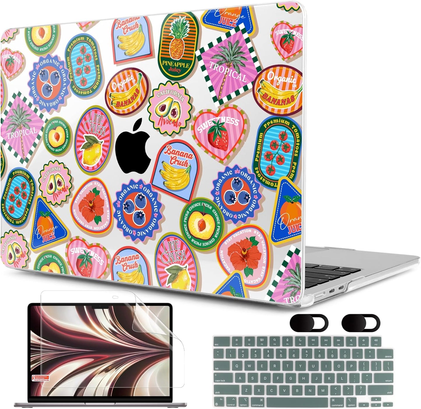 MEEgoodo Case for MacBook Air M4/M3/M2 13.6 inch 2025 2024 2022, Fit Model A3240 A3113 A2681, Compatible with MacBook Air 13 inch, Laptop Hard Shell Case with Keyboard Cover, Fruit & Sticker