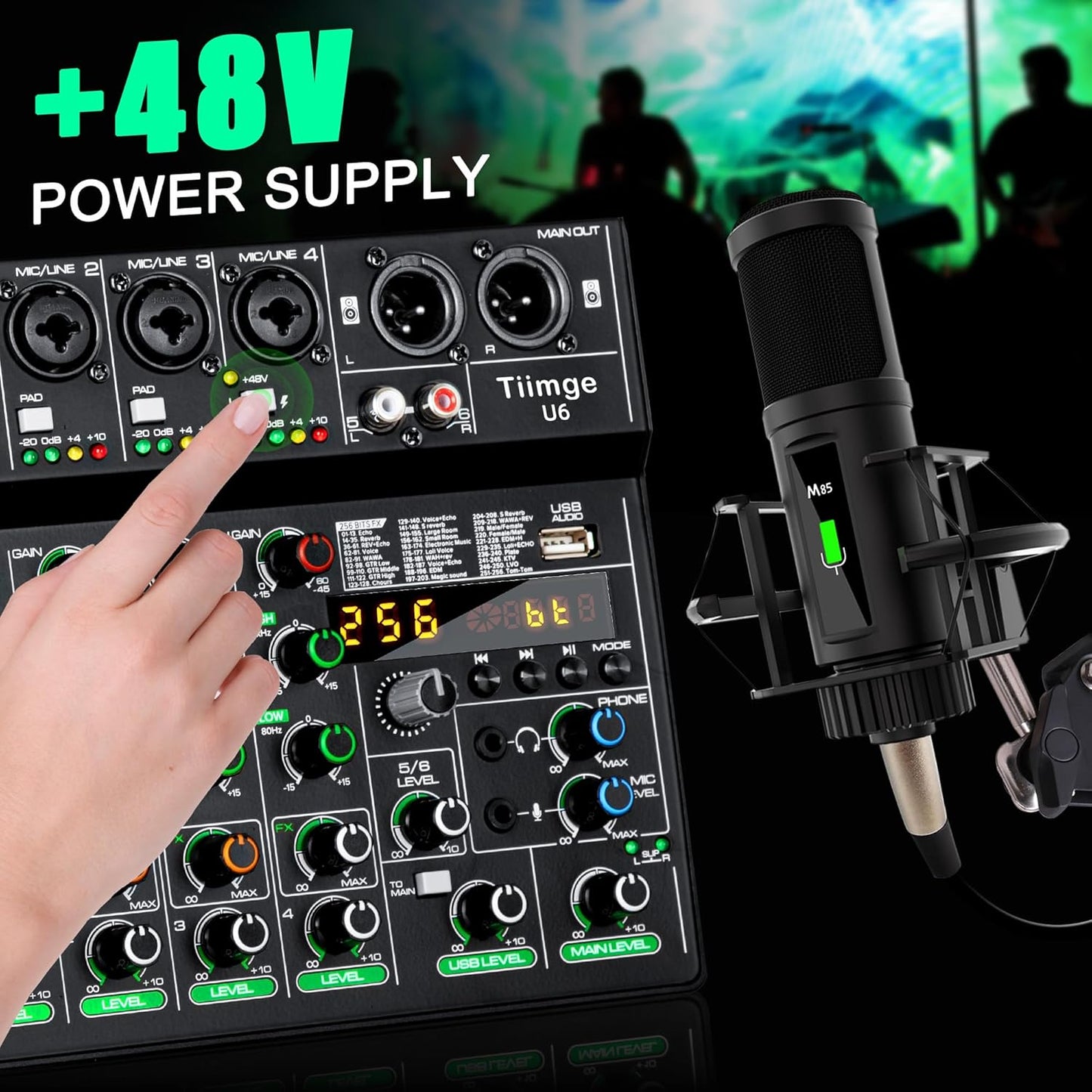 Professional 6-Channel Audio Mixer with 256 DSP Effects,48V Phantom Power,Bluetooth,MP3,USB Recording Input,Portable Sound Mixing Console for Streaming,DJ Show,Karaoke