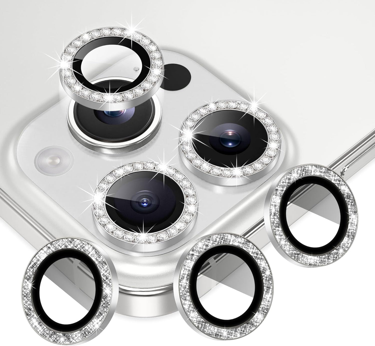 AGVEE 3+3 6 Pack for iPhone 16 Pro 6.3" / 16 Pro Max 6.9" Camera Lens Cover Protector, Bling Diamond & Bling Glitter Metal Ring 9H Tempered HD Glass Camera Cover Protector Film, Bling-Silver