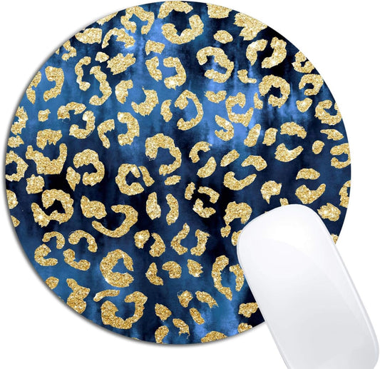 Leopard Gold Watercolor Navy Blue Mouse Pad Round Non-Slip Rubber Mousepad Laptop Office Computer Decor Cute Desk Accessories Customized Design Mouse Pad