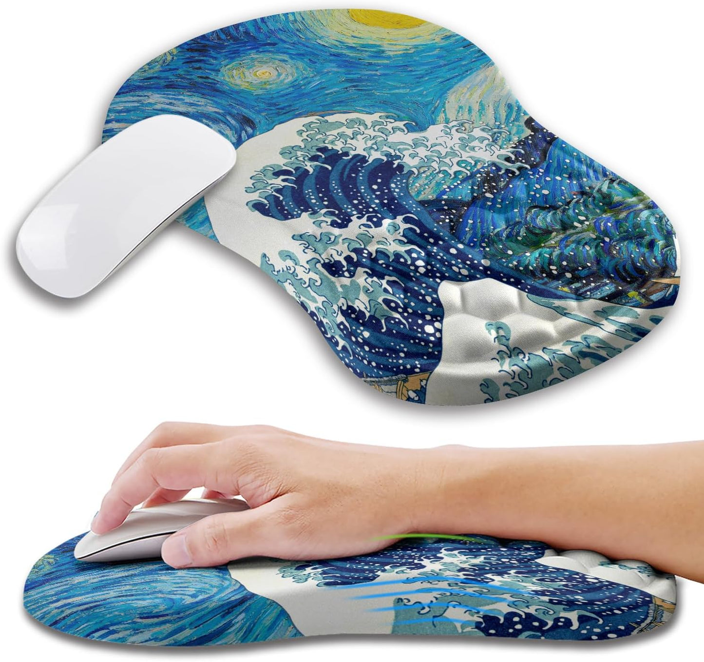 Ergonomic Mouse Pad Wrist Support with Memory Foam Massage Bulge, Carpal Tunnel Pain Relief Mousepad Wrist Rest for Mouse(12x8 inch,Wave Starry)