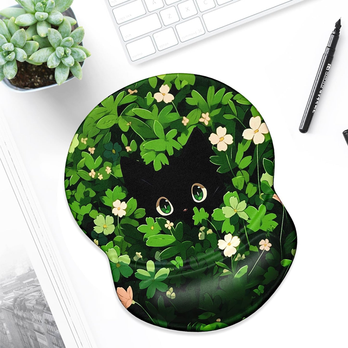ITNRSIIET Ergonomic Mouse Pad with Gel Wrist Support Small Wrist Rest Smooth Surface Non-Slip PU Base Comfortable Office Supplies Pain Relief, 8.7 x 7.2 inches, Green Leave Cat