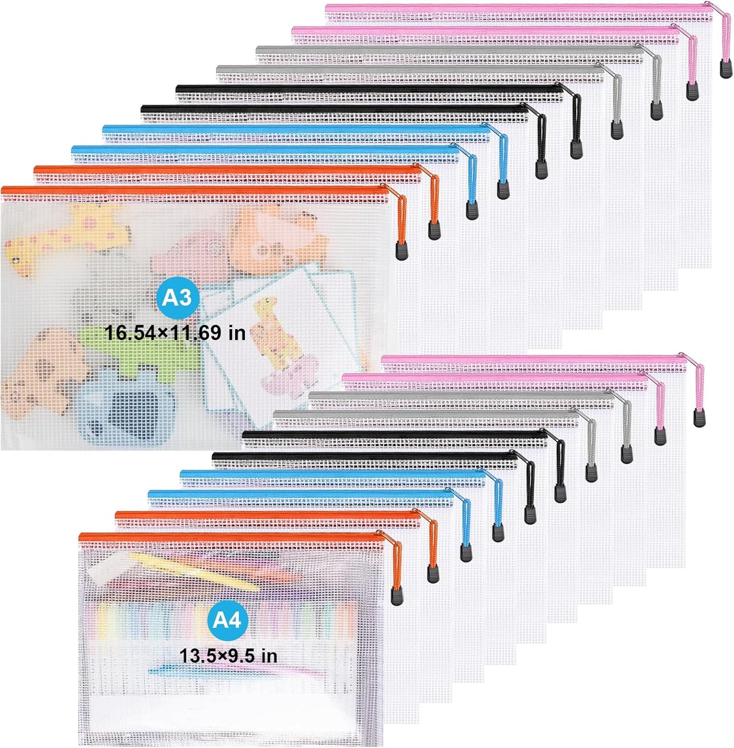 Mesh Zipper Pouch Bags,Zipper Pouches,Mesh Zipper Bags for Organizing,Storage Bags for Office Supplies,Puzzle & Board Game Storage. (A3(10 Pcs)+A4(10 Pcs))