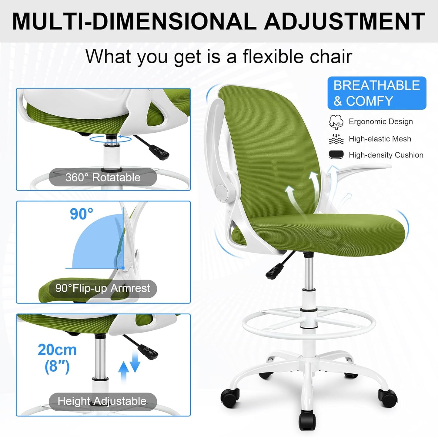 Primy Drafting Chair Tall Office Chair with Flip-up Armrests Executive Ergonomic Computer Standing Desk Chair with Lumbar Support and Adjustable Footrest Ring (AvocadoGreen)