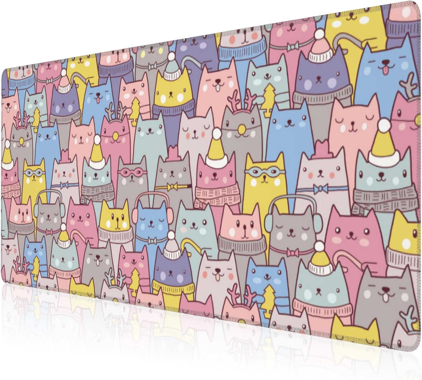 Mouse Pad, Large Cute Christmas Cats Desk Mat, Extended Non-Slip Gaming Keyboard Mousepad Desk Pad, Thick Stitched Edges Waterproof Mouse Mat 31.5"x15.7" (Cartoon Christmas Kittens)