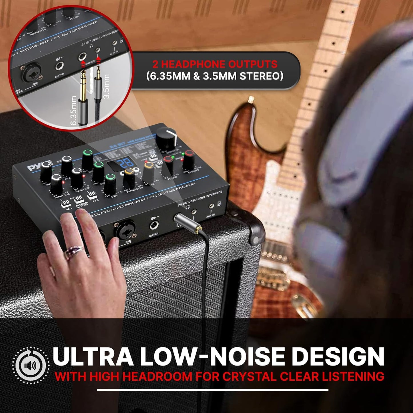 Pyle USB Audio Interface - MIC/LINE - Guitar - AUX Stereo & RCA Inputs - Preset 24 Digital Effects - Phantom Power - Phone/Stereo/Monitor/Headphone Outputs - For Computer Playing & Recording - PMUX9