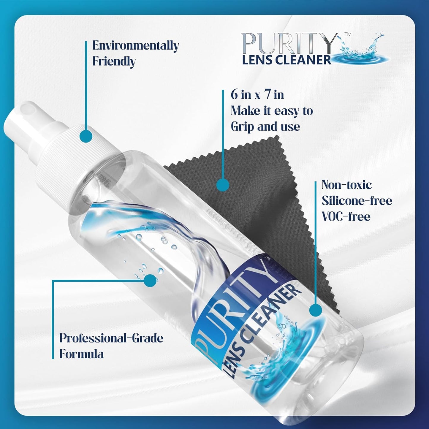 Purity Eyeglass Lens Cleaner Kit - 3 x 2oz Travel Size Lens Cleaner Spray Bottle + 2 Microfiber Cleaning Cloths - Safe for All Lenses (AR Coated Included), Eyeglasses and Screens - Clear