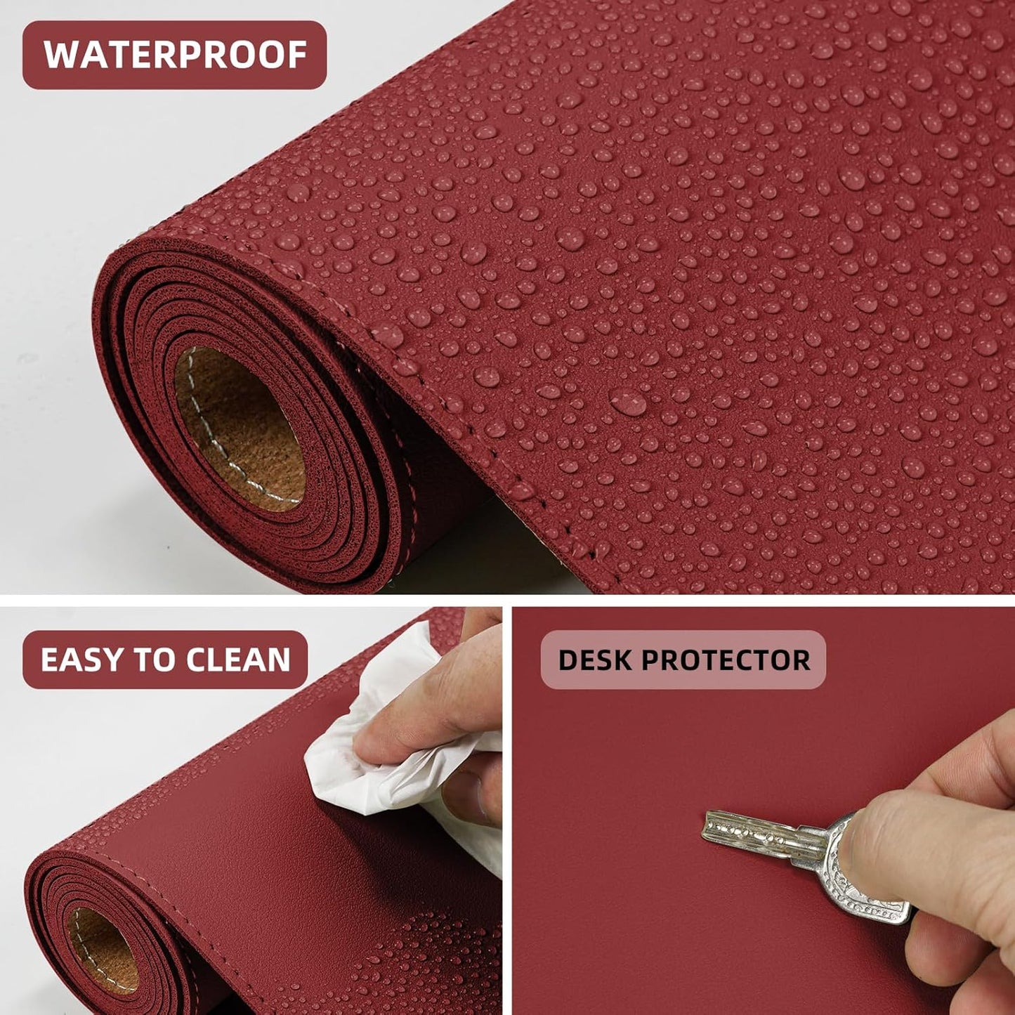 Desk Mat 35" x 17" Leather Desk Pad Protector with Natural Cork & PU Leather, Non-Slip Office Desk Mat, Double-Sided Large Mouse Pad, Waterproof Desk Cover for Office&Home (red)