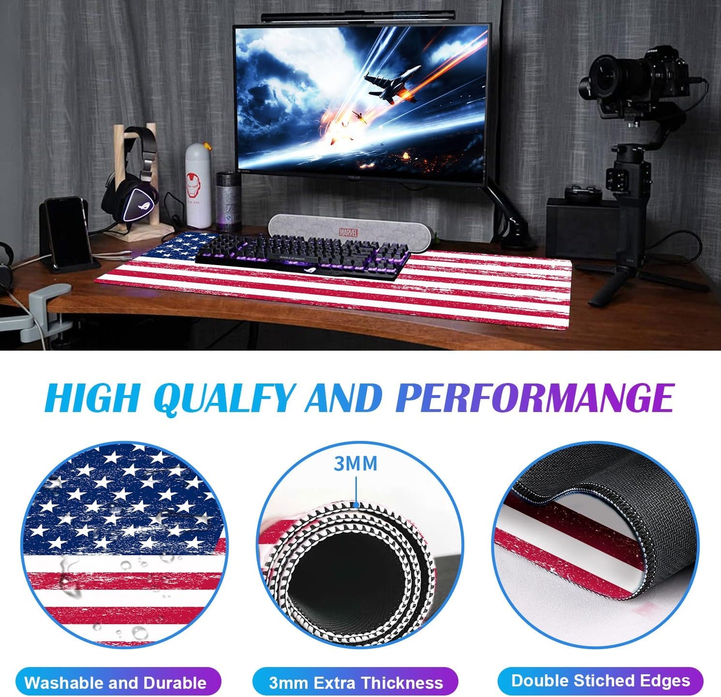 American Flag XXL Extended Mouse Pad, Patriot Large Laptop Pad, Waterproof, Non Slip, Gaming Office and Home Stitching Edge Table Pad 35.4 x 15.7 x 0.12 Inches