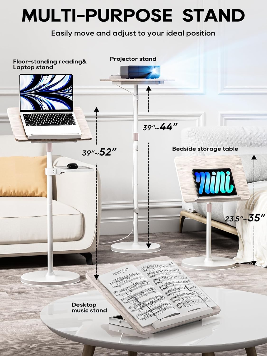 2 in 1 Adjustable Book Stand - Dual-Use Floor and Desktop Book Holder Stand, Height Adjustable 23.5-52 in, Elastic Page Clips for Music Sheet, Recipe, Tablet, Laptop-White