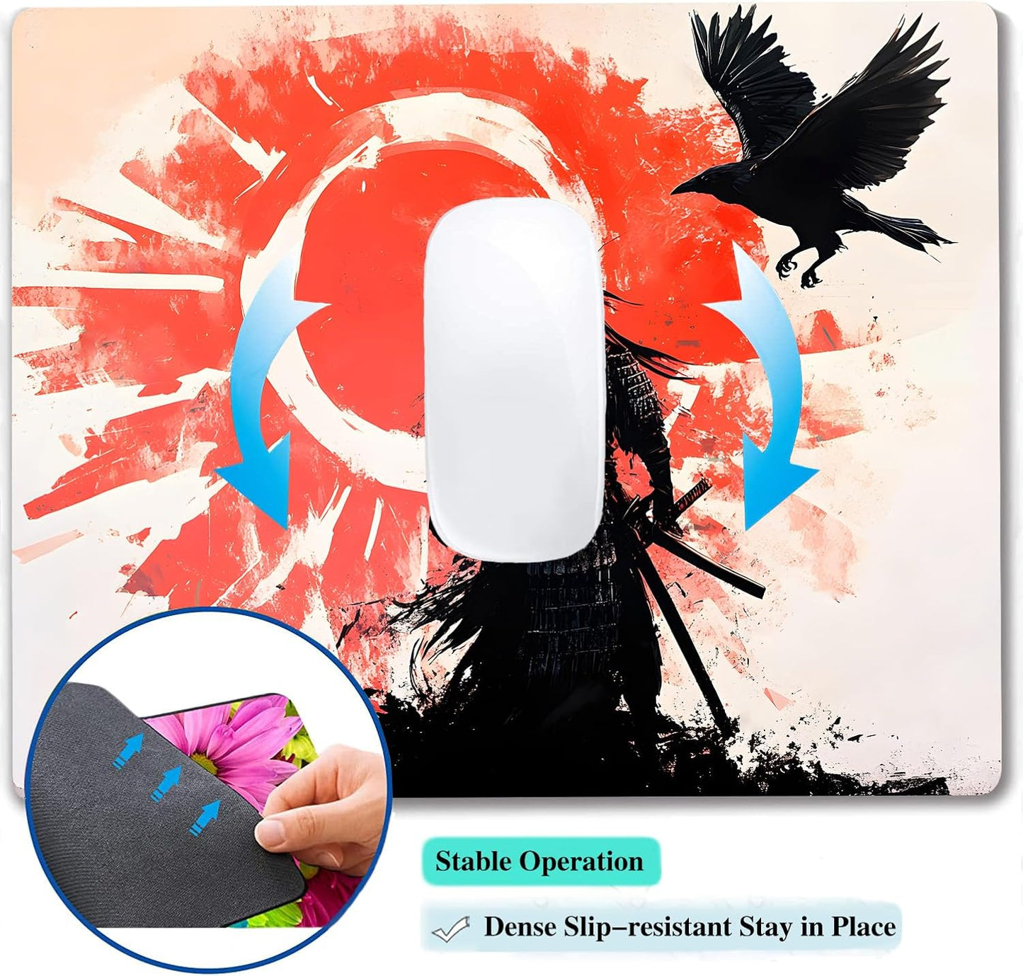 Japanese Anime Kurosun Samurai Custom Mouse Pad with Non-Slip Rubber, Small Square Design for Wireless Laptop & Computer Mouse Pads for Desk, 9.5 x 7.9 inch Smooth Surface for Gaming & Office