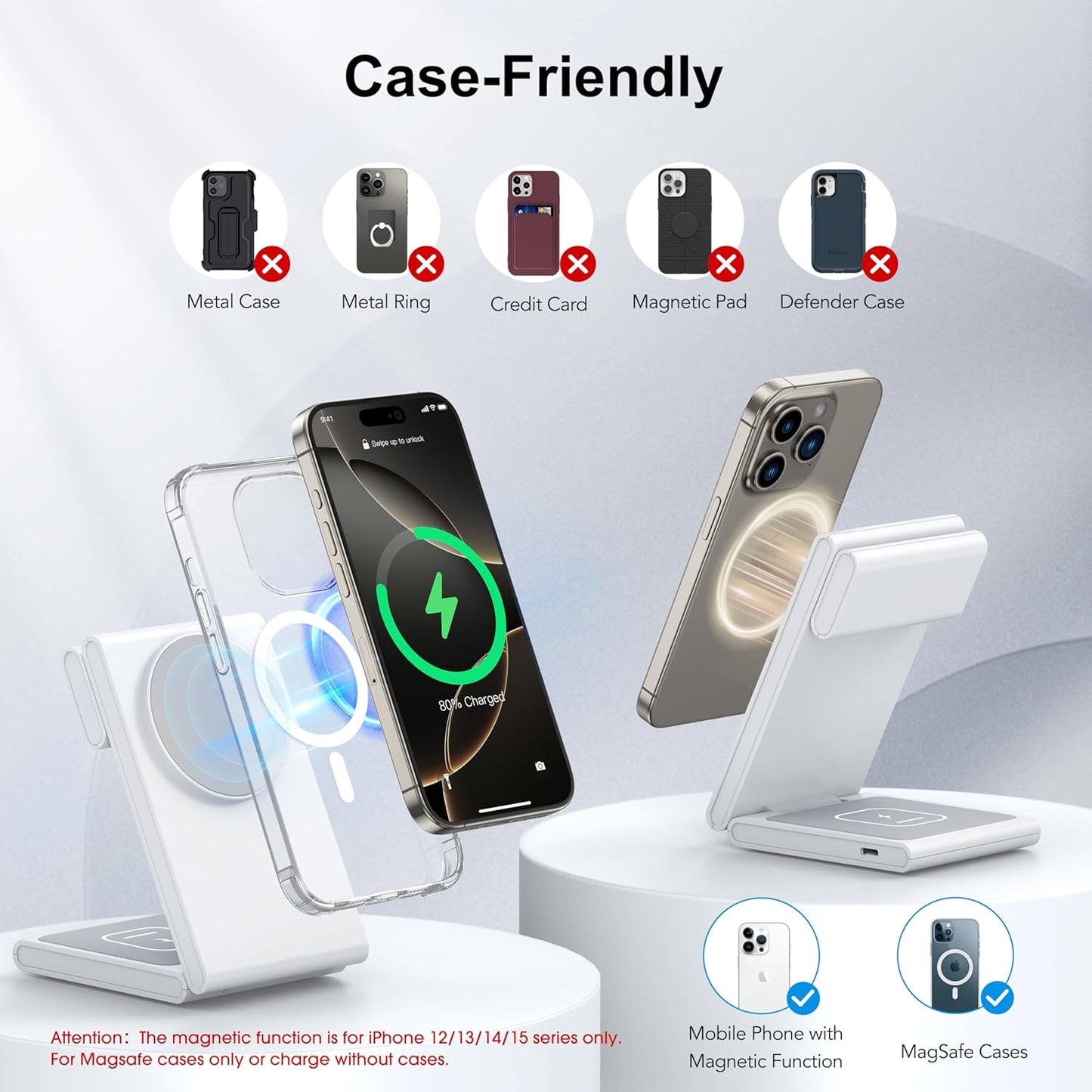 Wireless Charging Station with 20W USB C Adapter, 3 in 1 Magnetic Foldable Travel Charger Stand for iPhone 16 15 14 13 12 Series, Compatible with Apple Watch 10/9/8/7/6/5/4/3/2/SE/Ultra 2/Airpods 4