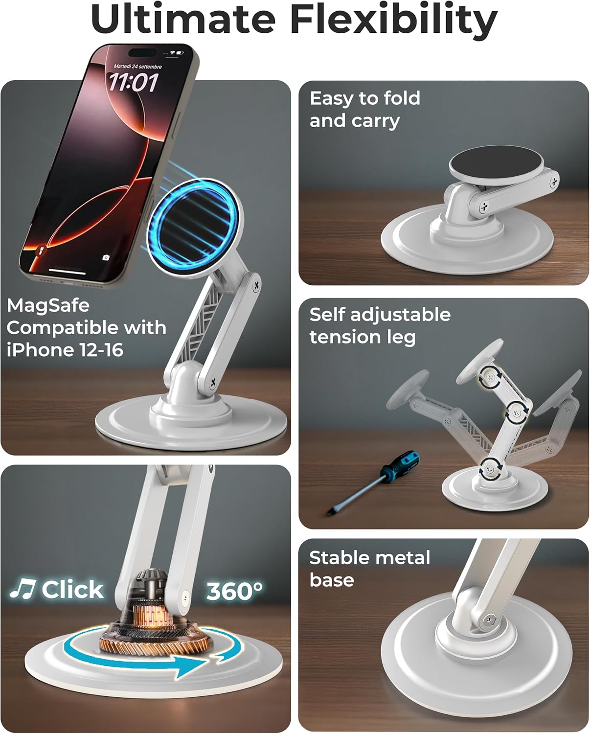 COOPER Magnetic Phone Stand for Desk, Mag360 Adjustable MagSafe Stand for iPhone 16 Pro Max, 15 14 13 12 & Plus | 360° MagSafe Phone Holder, Strong Magnetic MagSafe, Foldable 3-Axis Leg (Cream White)