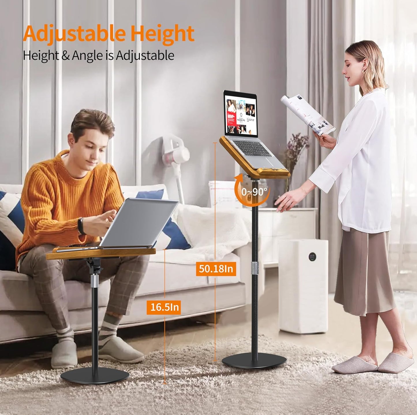 NAMON 2-in-1 Dual-use Floor & Desktop Book Stand, 100% Solid Wood, Height Adjustable from 16.5" to 51", Floor Reading Stand with Page Clip for Cookbooks, Sheet Music, Projector (with a T-Shaped)