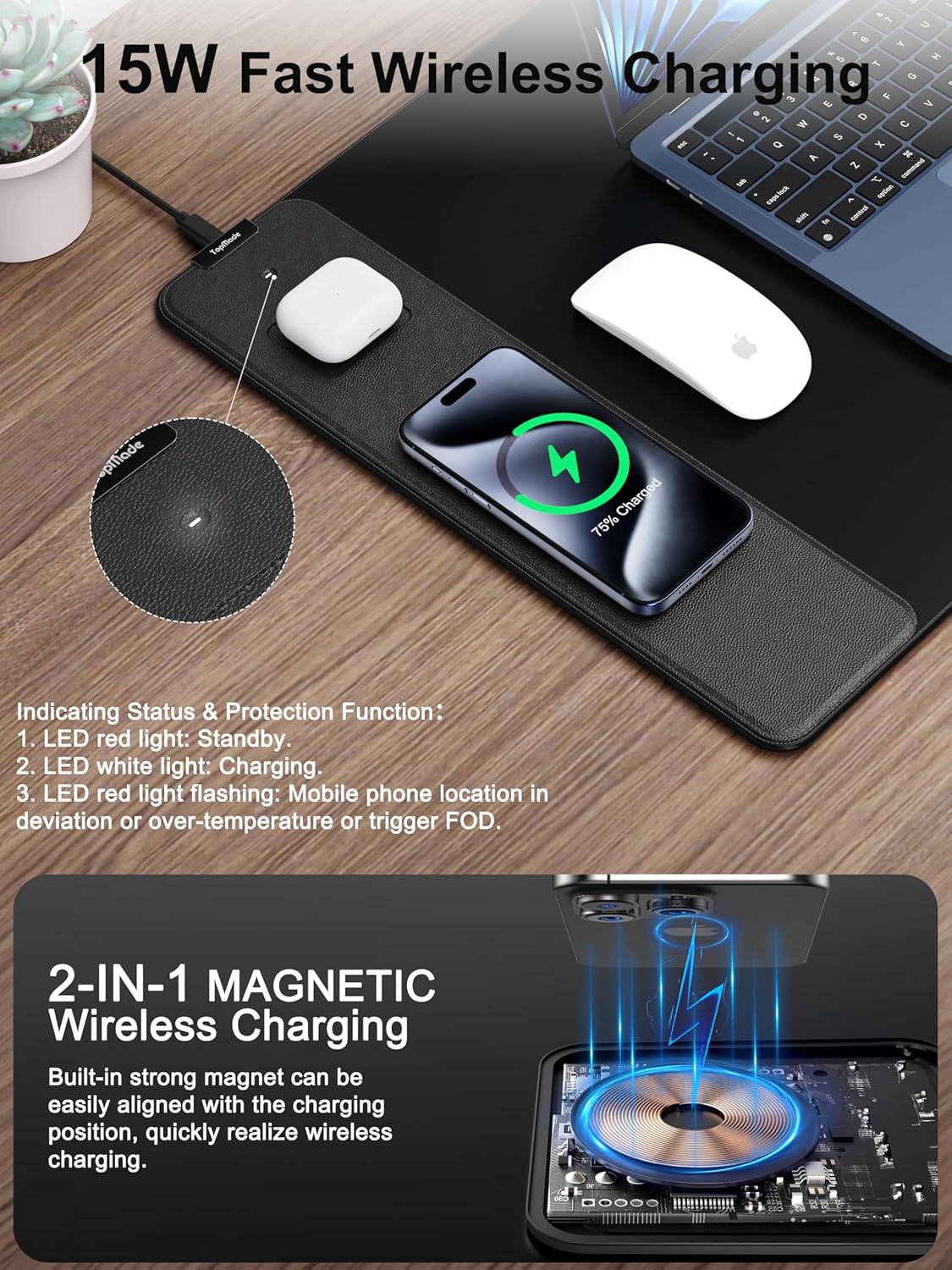 TopMade Mouse Pad with 15W Fast Wireless Charging, 31.5"x15.75" XXL Large Gaming Mousepad, Waterproof Desk Pad, Computer Desk Mat, Black(Includes 20W PD Power Adapter & 6.56ft Woven Cable)