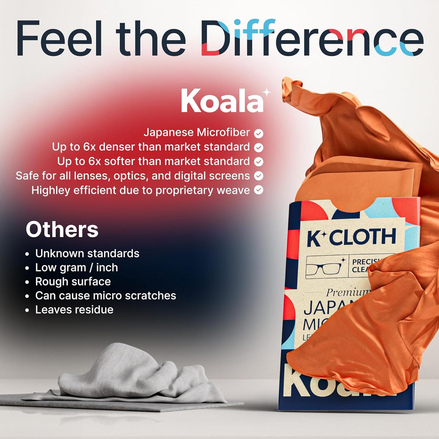 Koala Lens Cleaning Cloth | Japanese Microfiber | Glasses Cleaning Cloths | Eyeglass Lens Cleaner | Eyeglasses, Camera, VR/AR Headset, and Screen Cleaner | Pink & Orange (Pack of 2)