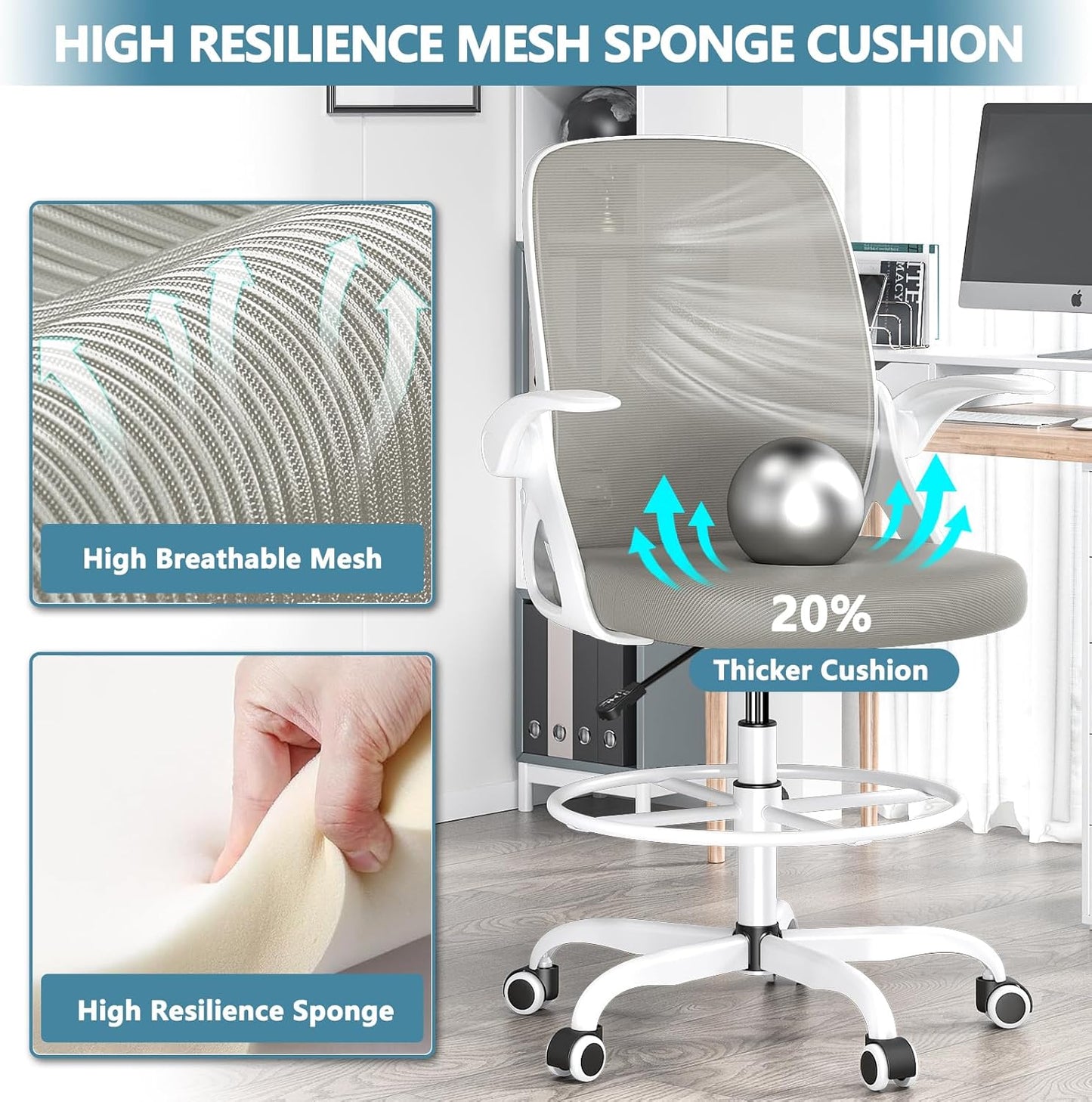 Tall Drafting Chair with Footrest Ring for Home and Work, Ergonomic Home Desk Office Chair with Flip up Arms and Lumbar Support, Extended Height Executive Desk Office Chair(Gray)