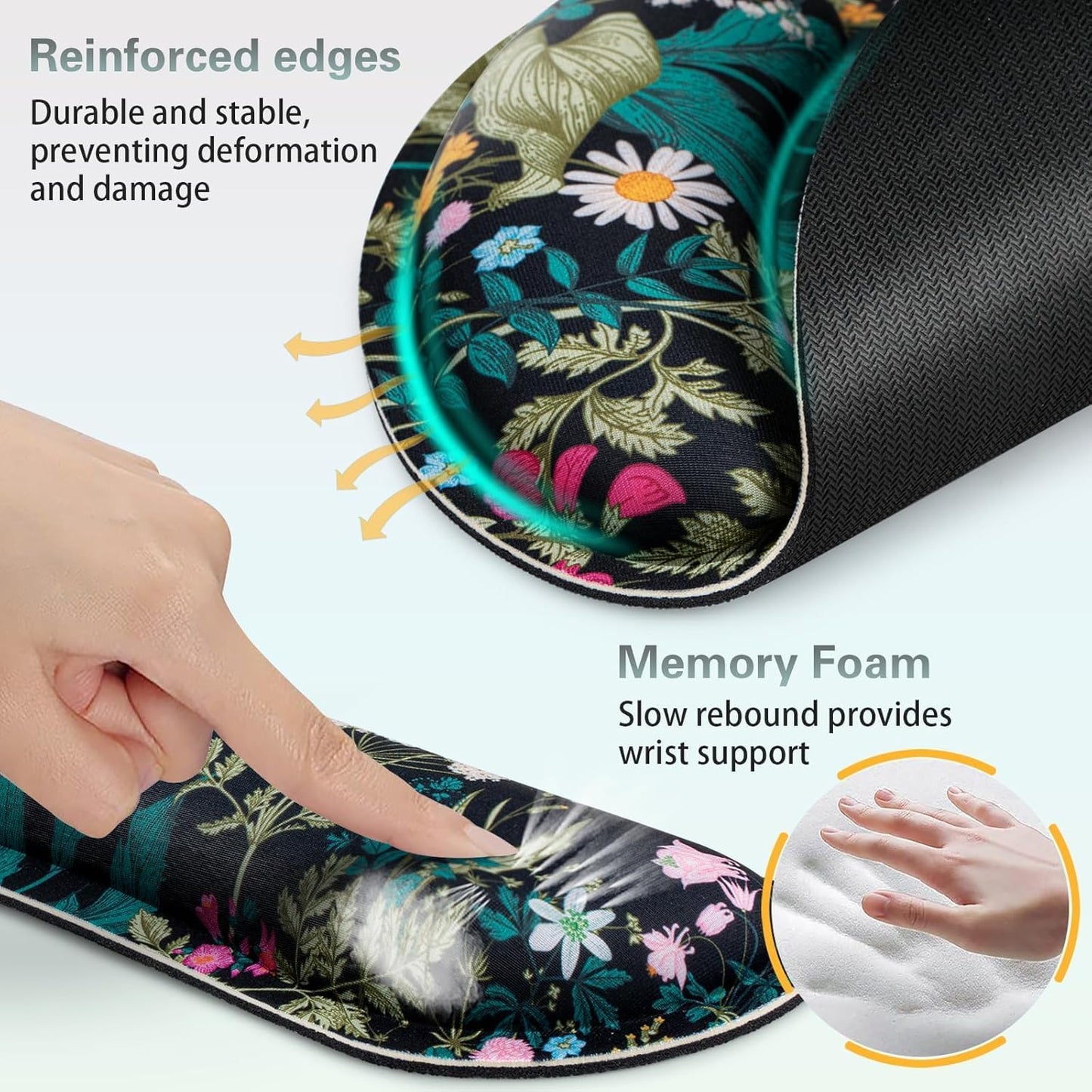 Mouse Pad with Wrist Rest Set, Qomolama 3-in-1 Wrist Support Mouse Pad Set, Floral Gaming Mousepad with Anti-Skid Base,Ergonomic Mouse Pad,Memory Foam Keyboard Gel Wrist Rest