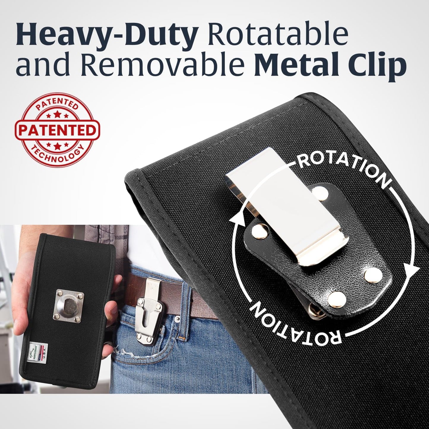 Turtleback Belt Clip for iPhone 16 Pro, 16e, 15 pro 14 Pro 13 Pro -Medium- Fits w/Shockproof Commuter Style Cases - Premium Black Nylon, Vertical Belt Holder, Magnetic Closure, HD Rotating Clip