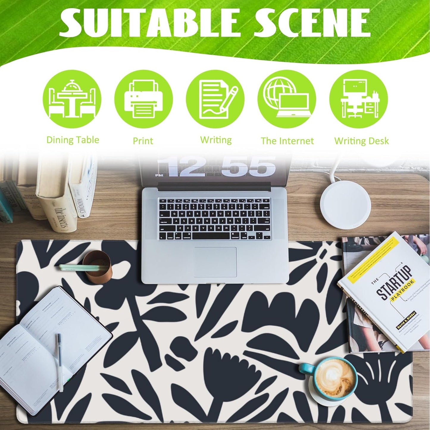 Desk Pad,Hand Drawn Leaves and Flowers Desk Mat,Abstract Plant Large Gaming Mouse Pad for Desk,Extended Big Computer Keyboard Mouse Pad with Non-Slip Base and Stitched Edge,35.4"x15.7"