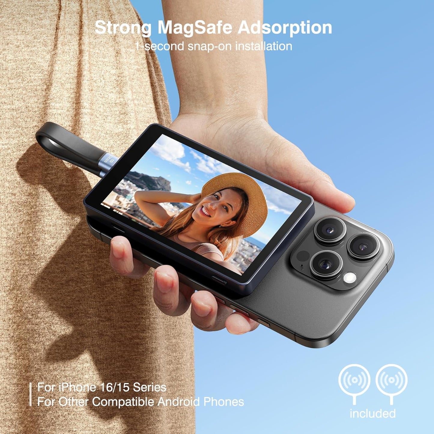 Vlog Selfie Monitor Screen, Magnetic Phone Vlog Selfie Monitor Screen 4K 60fps Bluetooth Remote, Back Camera Monitor for Vlog Live Stream TikTok, Compatible with iPhone & Android