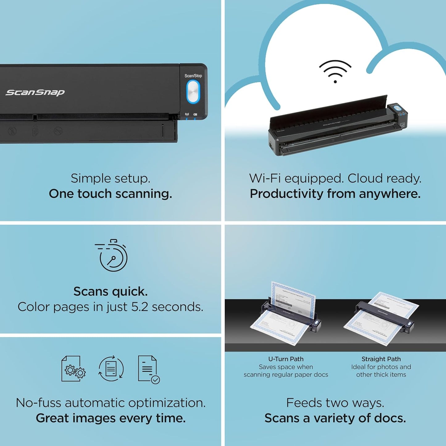 ScanSnap iX100 Wireless Mobile Portable Scanner for Mac or PC, Black