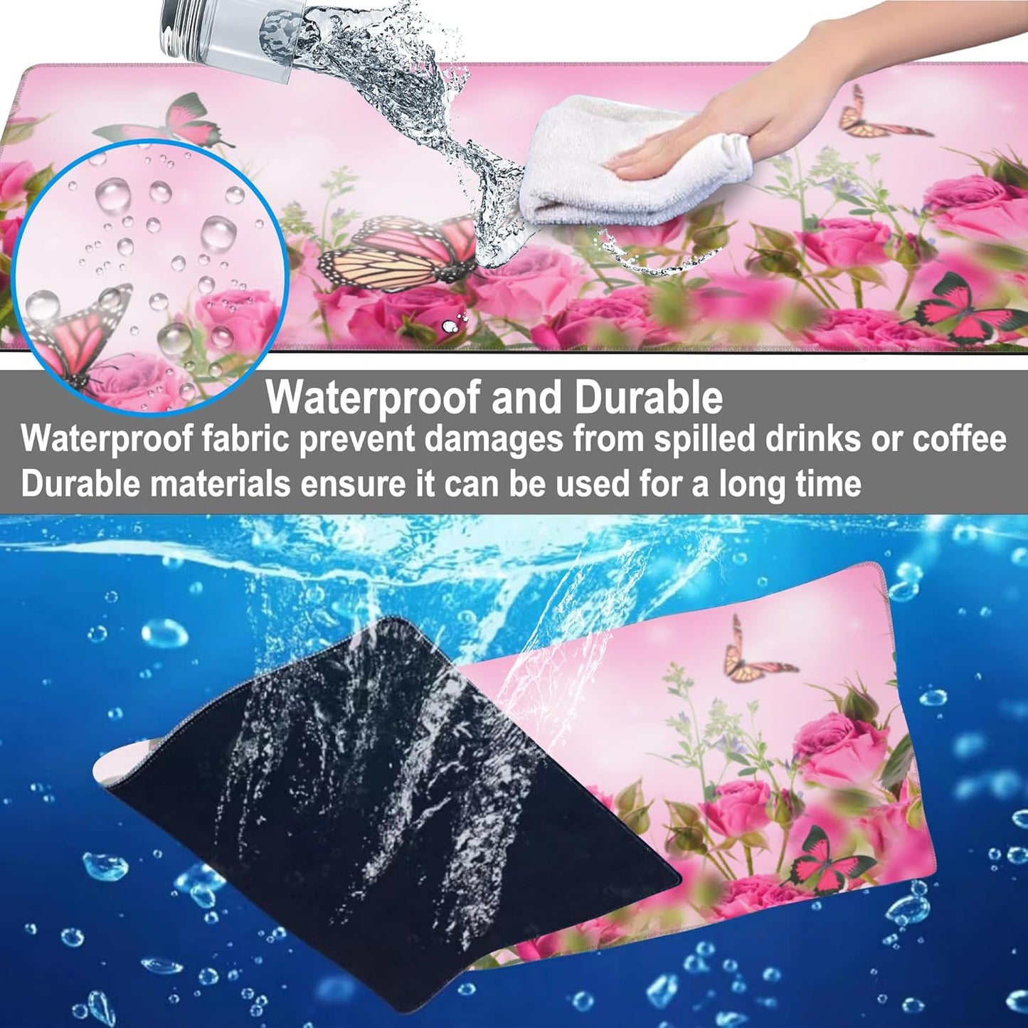 Mouse Pad, Large Pink Roses with Butterflies Desk Mat, Extended Non-Slip Gaming Keyboard Mousepad Desk Pad, Thick Stitched Edges Waterproof Mouse Mat 31.5"x15.7" (Beautiful Spring Floral)