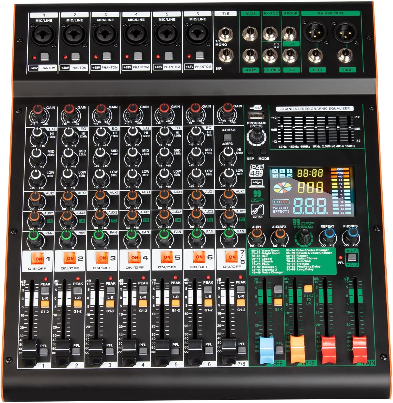 Depusheng TG8 professional dj audio mixer 8 channel input and dual group output with 99-bit dps reverb chip bluetooth usb recording and mp3 playback suitable for stage, bar, recording studio