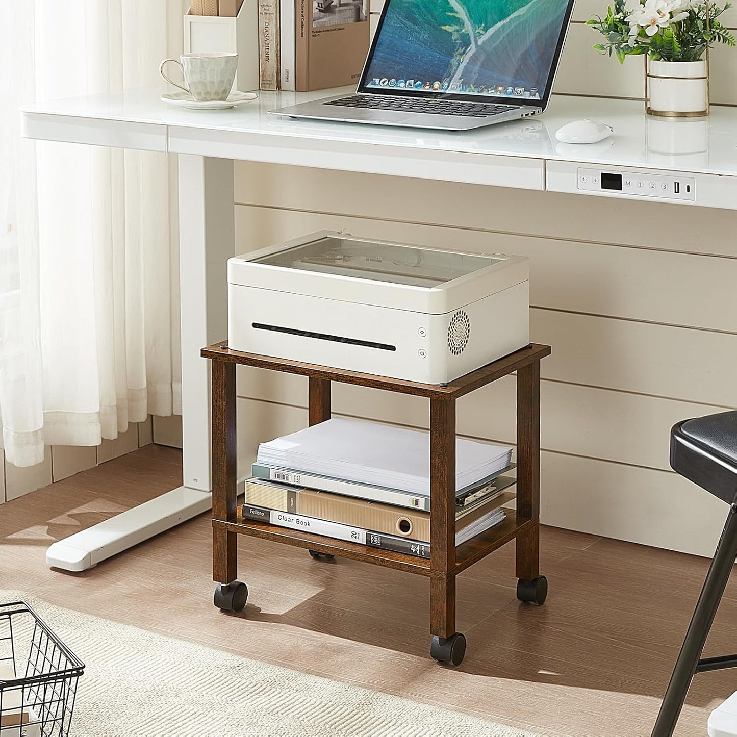 2 Tier Printer Stand with Storage,Under Desk Shelf Printer Table, Rolling Printer Cart for Office,Home,Brown