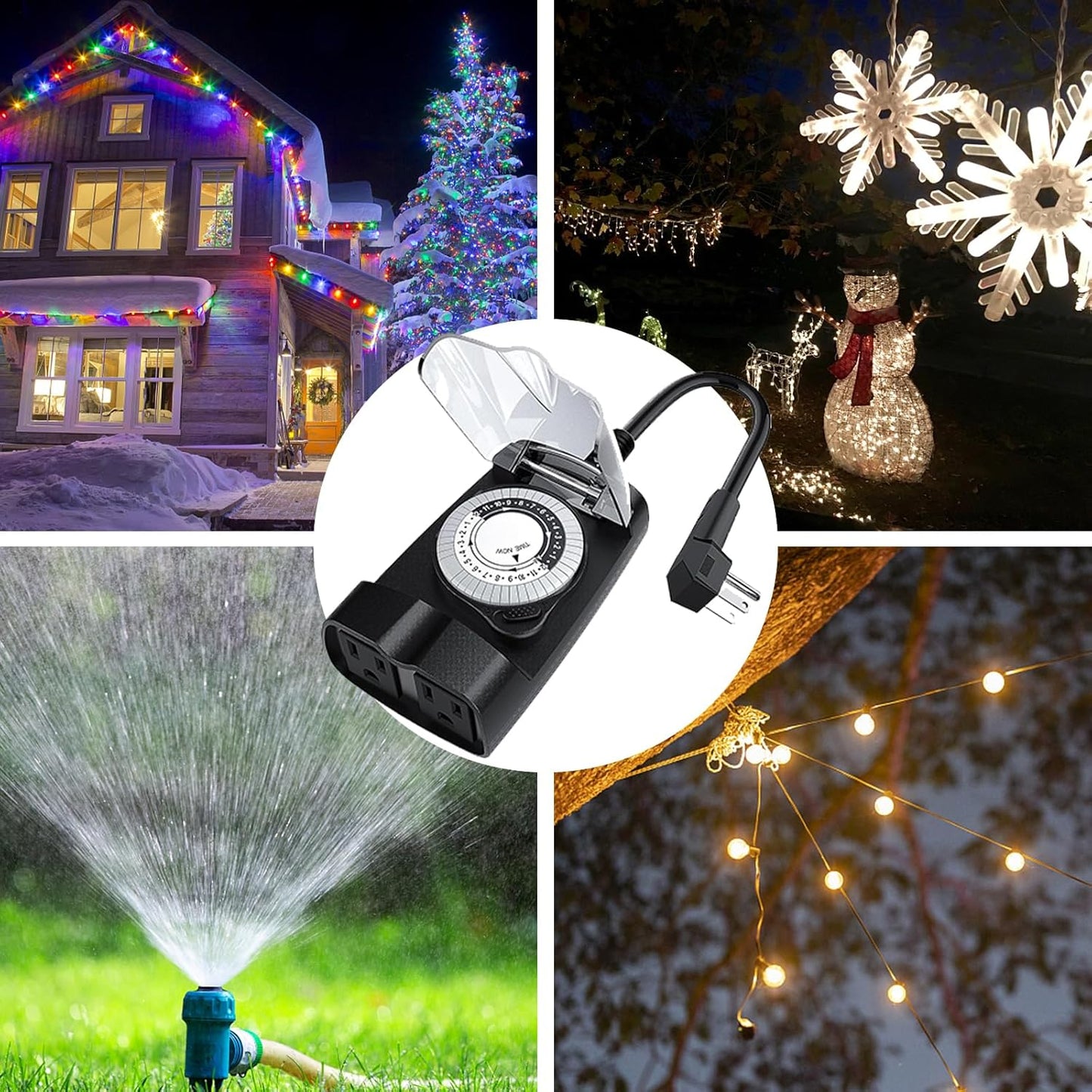 G-Homa 24 Hour Mechanical Outdoor Timer Outlet, Outdoor Timer for Lights, Waterproof, 2 Grounded Outlets, 15A 1/2HP, Heavy Duty, ETL Listed