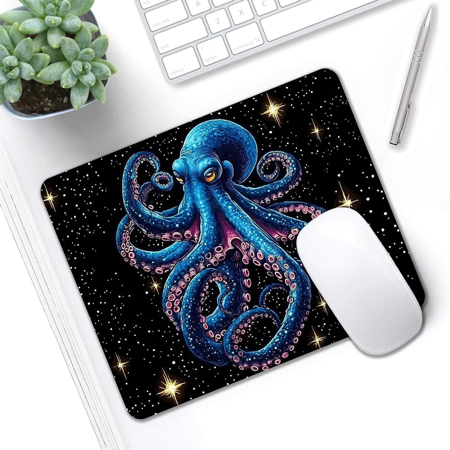 Mouse Pad, Cute Cool Blue Octopus Mouse Pads for Desk, 9.5" x 7.9" Non-Slip Rubber Base Computer Mousepad with Women, Portable Square Design for Wireless Mouse and Pad Laptop Office & Travel