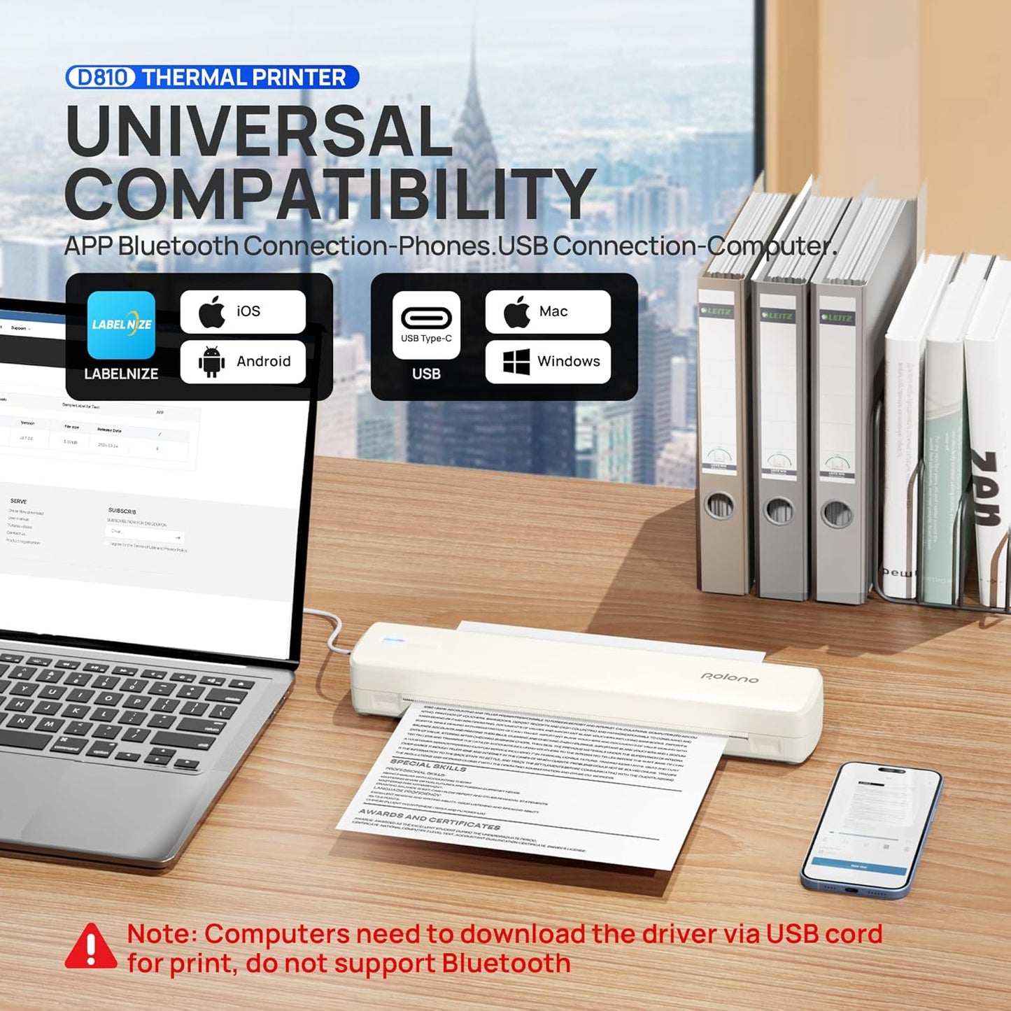 POLONO Portable Printer Wireless for Travel, D810 Bluetooth Thermal Printer Support for 8.5"x11" US Letter, Beige