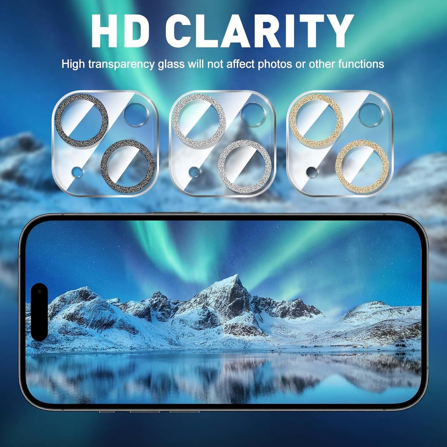 LucBuy 3PCS Sparkling Camera Lens Protector for iPhone 12/iPhone 12 Mini, Full Clear Acrylic Cover with Shiny Colorful Glitter Designed Decoration Back Camera Protector