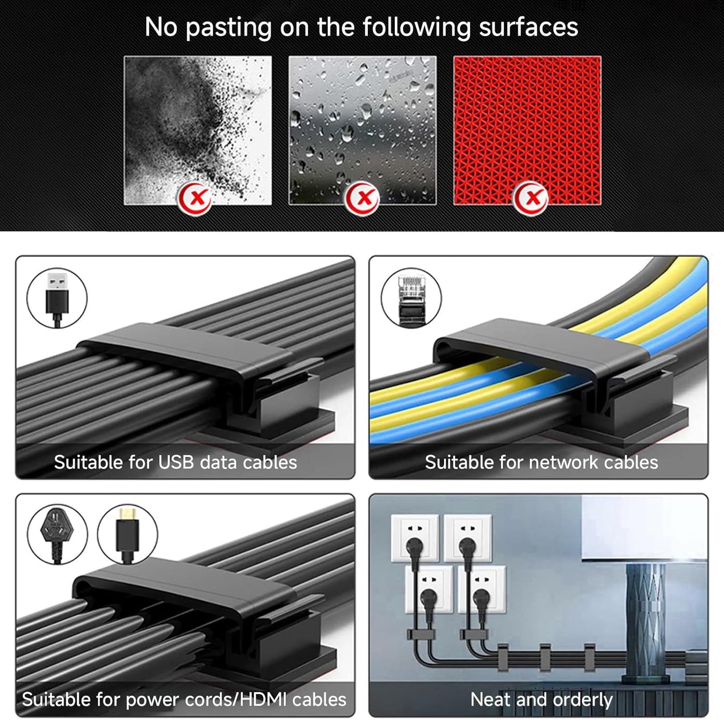 Adhesive Cable Clips Holder, Outdoor Light Clips, Black Cord Wire Clips, Sturdy Nylon Cord Wall Finisher Wire Clamp for Home, Car, Office Desk Wire Management (Black, L-50 PCS)