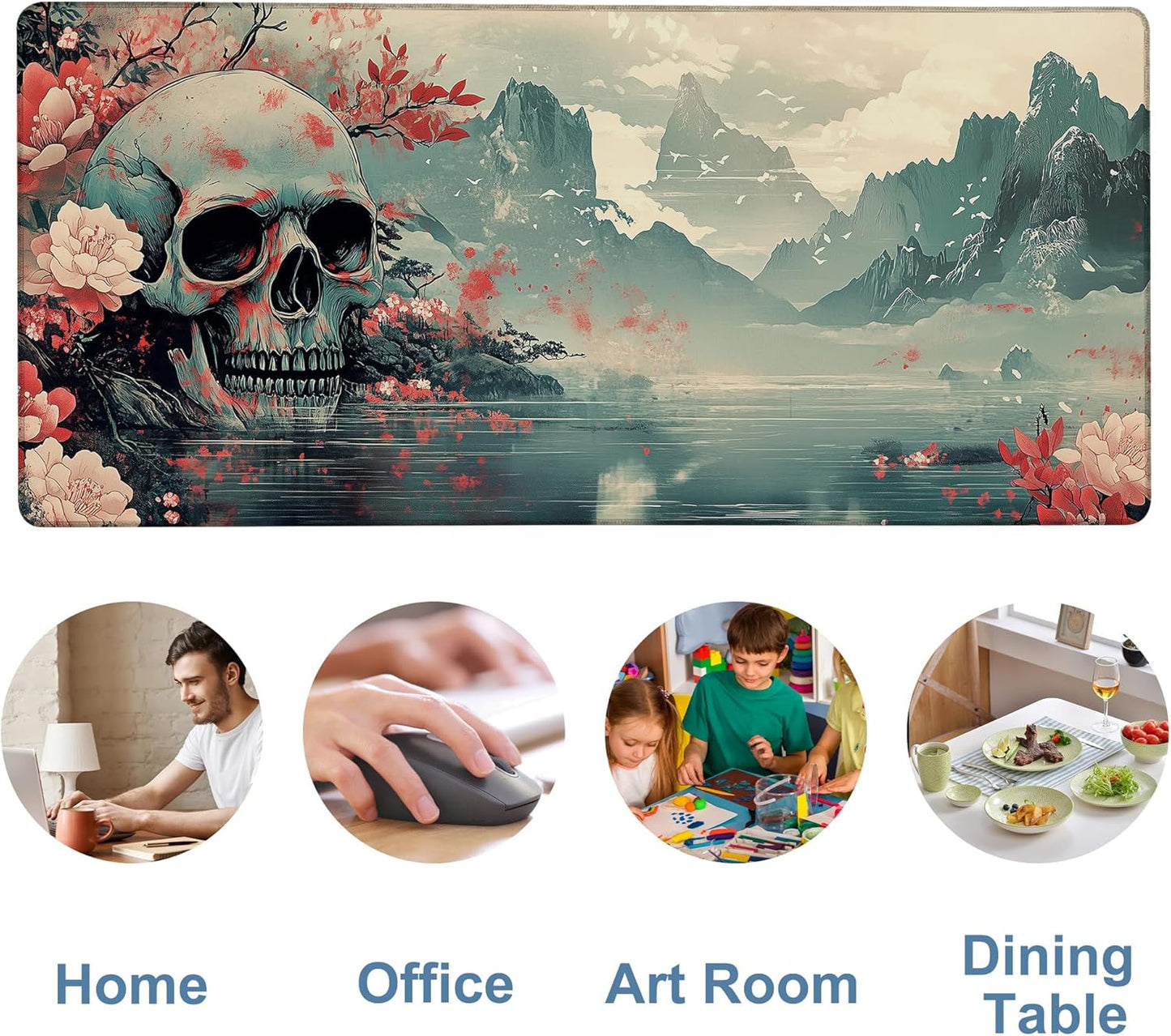 Gaming Desk Pad Large Extra Length Evil-Looking Skull Mouse Pad Keyboard Laptop Non-Slip Waterproof with Rubber Base Thick Stitched Edge Mouse Mat for Office Home 35.4 x 15.7 Inches