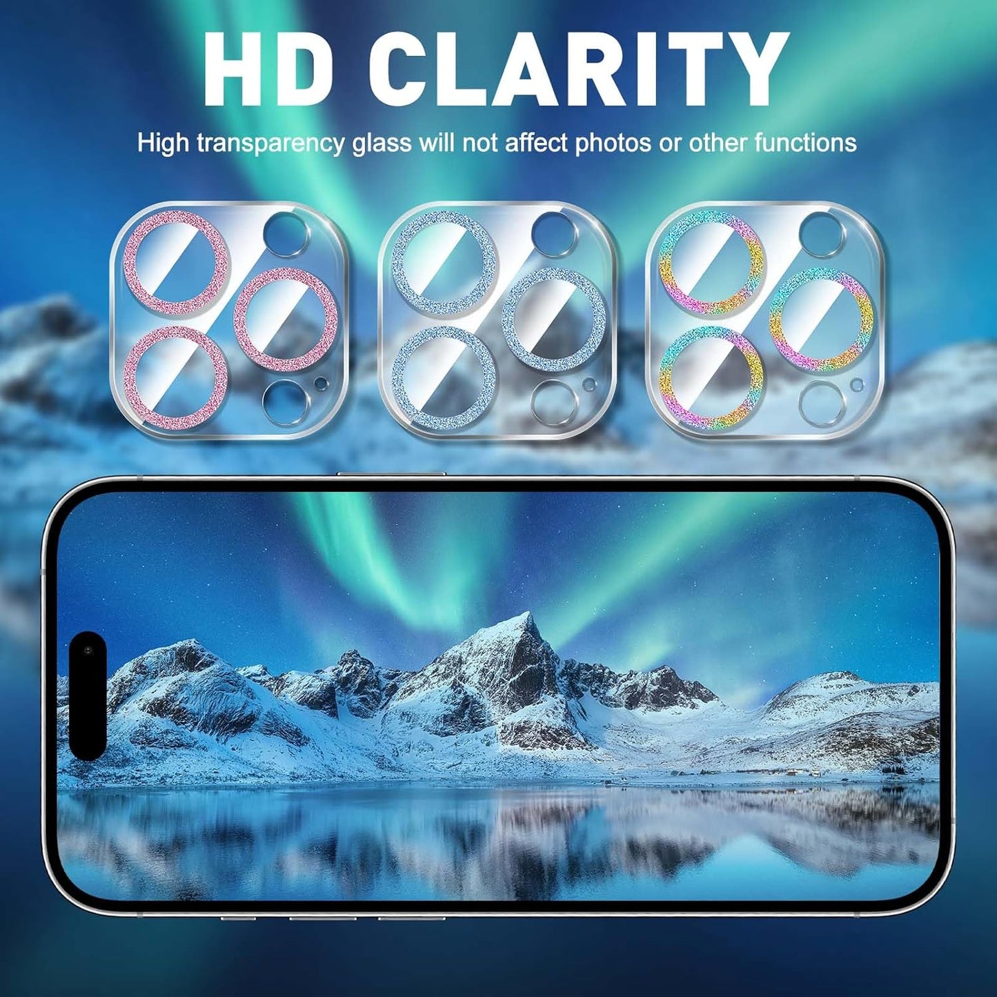 LucBuy 3PCS Sparkling Camera Lens Protector for iPhone 11 Pro/iPhone 11 Pro Max, Full Clear Acrylic Cover with Shiny Colorful Glitter Designed Decoration Back Camera Protector