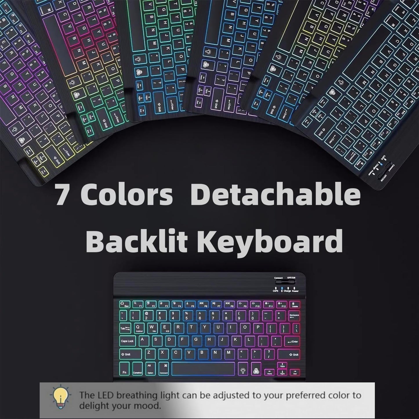 Keyboard Case for Galaxy Tab A9+/A9 Plus 11 Inch 2023, Slim Lightweight 7 Color Rainbow Backlight Detachable Magnetic Bluetooth Keyboard Cover with S Pen Holder,Black