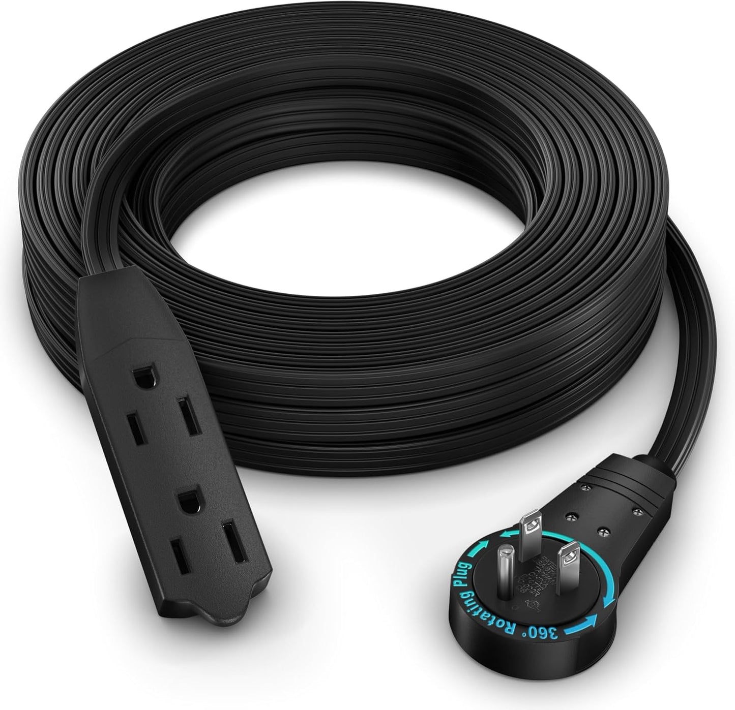 Maximm Cable 30 Ft 360° Rotating Flat Plug Extension Cord, 16/3 AWG Multi 3 Outlet 3-Prong Grounded Wire- Black - UL Certified