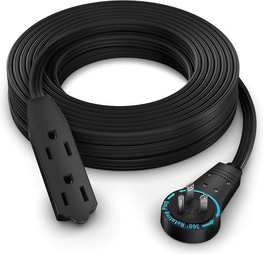 Maximm Cable 30 Ft 360° Rotating Flat Plug Extension Cord, 16/3 AWG Multi 3 Outlet 3-Prong Grounded Wire- Black - UL Certified
