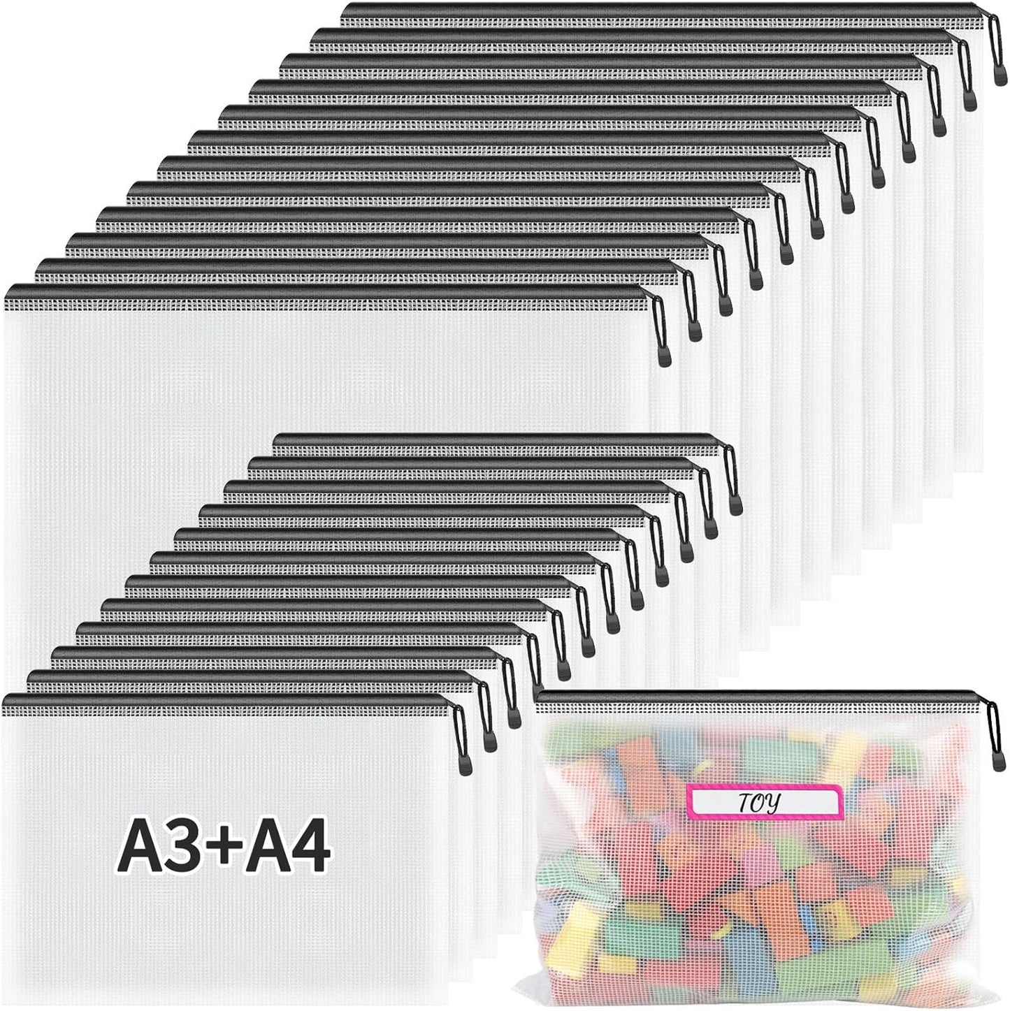 Umriox Mesh Zipper Pouch Bags, A3+A4 (Black, 24 Packs), Large Storage Bags, Zipper Bags for Office Supplies Travel Accessories and Board Games Storage