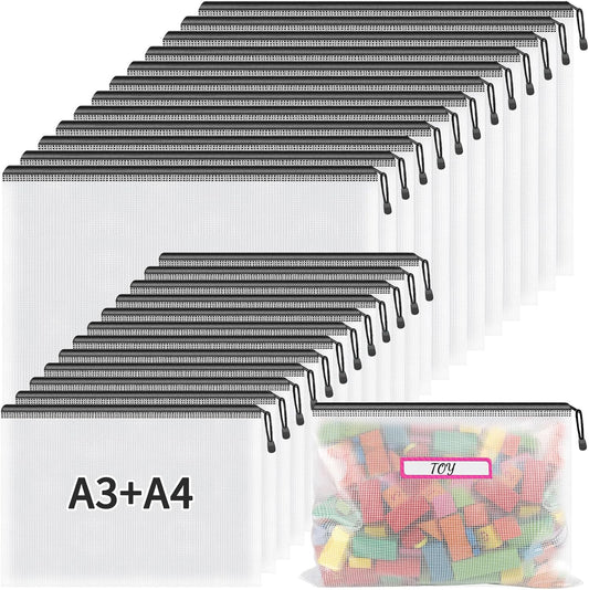 Umriox Mesh Zipper Pouch Bags, A3+A4 (Black, 24 Packs), Large Storage Bags, Zipper Bags for Office Supplies Travel Accessories and Board Games Storage